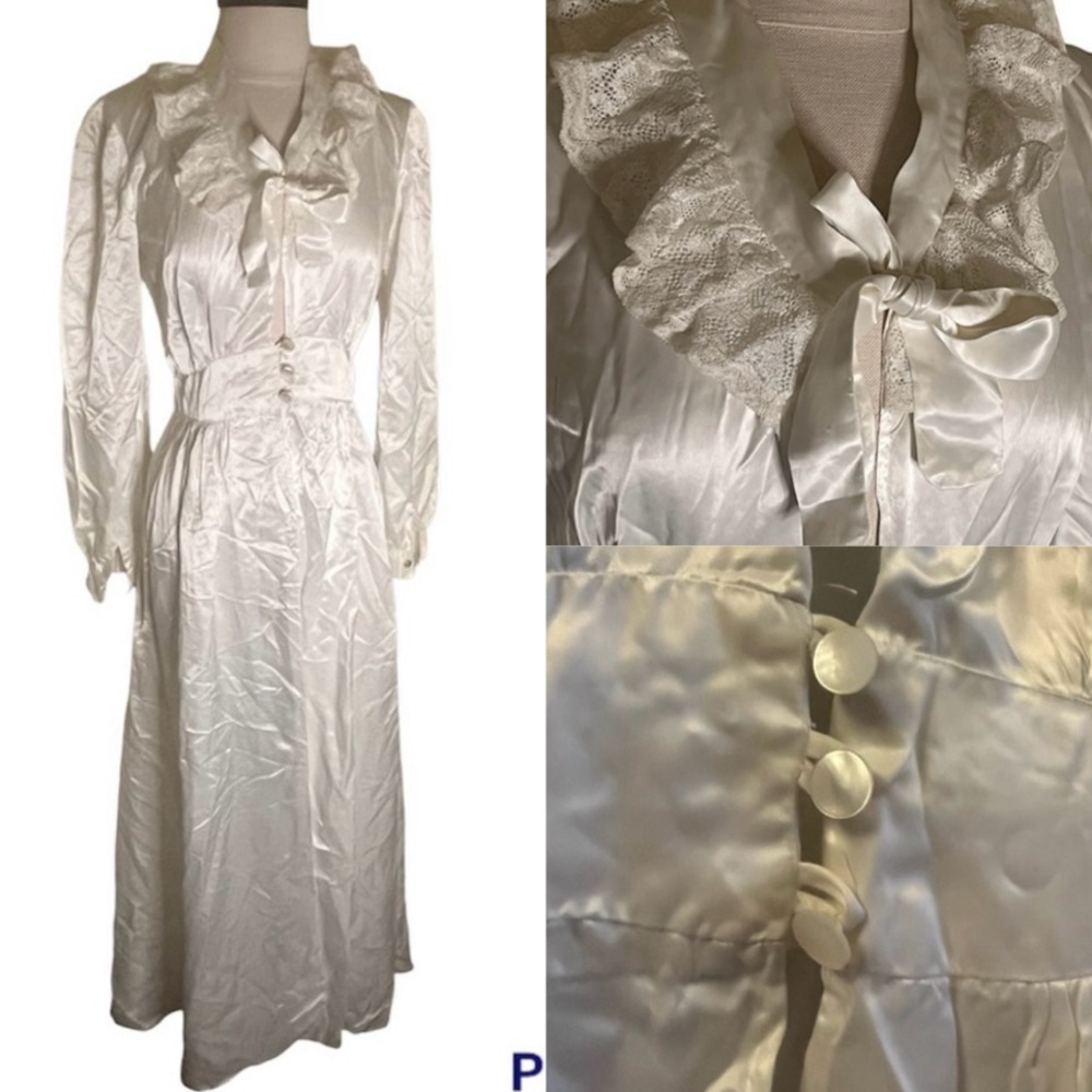 Vintage real silk robe with lace ruffles, bow, mother of pearl buttons
